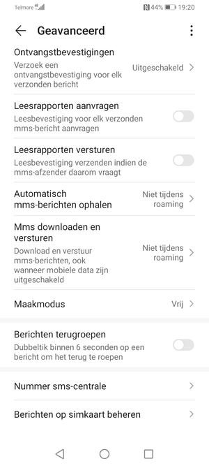 Selecteer Nummer sms-centrale