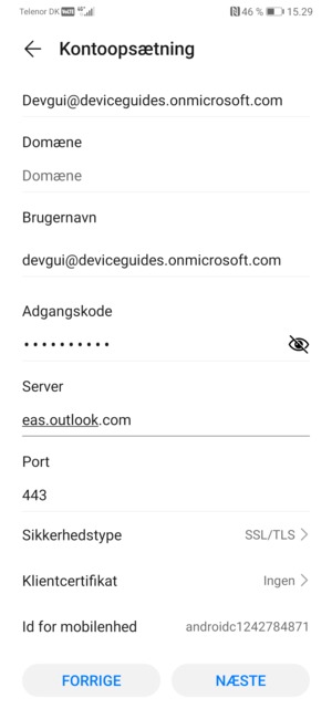 Indtast Exchange serveradresse og vælg NÆSTE