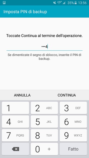 Inserisci una PIN di backup e seleziona CONTINUA