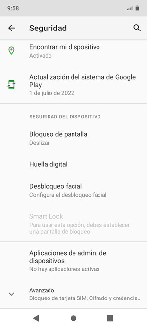 Para cambiar el PIN de la tarjeta SIM, vuelva al menú Seguridad y desplácese y seleccione Avanzado