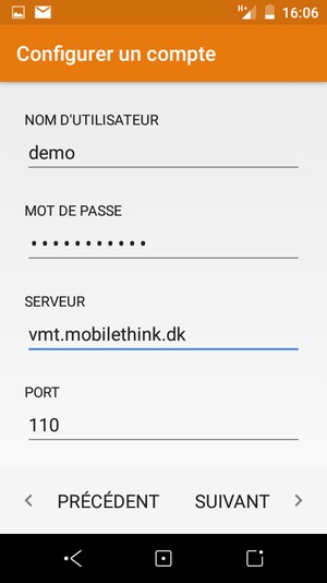 Saisissez votre Nom d'utilisateur et l'adresse du serveur entrant. Sélectionnez SUIVANT