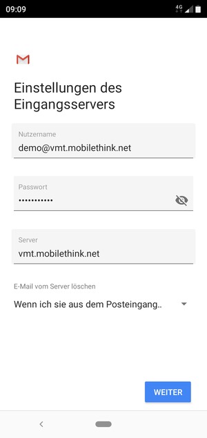 Geben Sie Benutzername und die Server-Adresse für eingehende Post ein. Wählen Sie WEITER