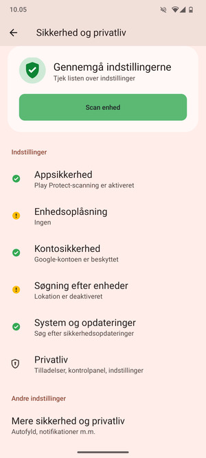 For at ændre PIN-koden til sim-kortet, gå til menuen Sikkerhed og privatliv  og scroll til og vælg Mere sikkerhed og privatliv