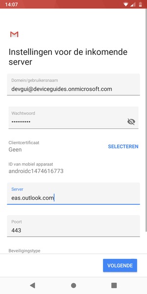 Voer Gebruikersnaam en Exchange serveradres in. Selecteer VOLGENDE