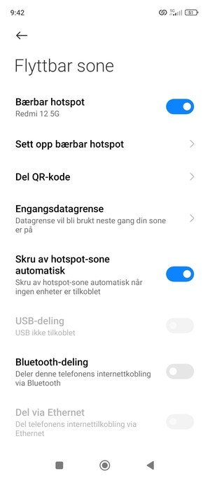 Telefonen din er konfigurert for bruk som et modem