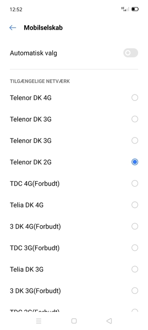 Vælg en netværksudbyder fra listen