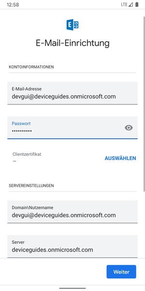 Geben Sie Benutzername und Exchange Server-Adresse ein. Wählen Sie Weiter