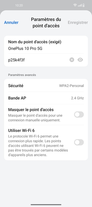 Saisissez un mot de passe de hotspot Wi-Fi d'au moins 8 caractères et sélectionnez Enregistrer