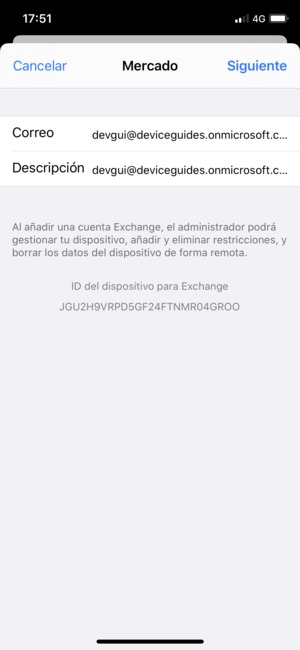 Introduzca su Información de correo electrónico Exchange y seleccione Siguiente