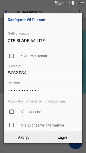 Skriv inn et Wi-Fi hotspot-passord på minst 8 tegn og velg Lagre