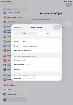 Wählen Sie IMAP oder POP und geben Sie E-Mail-Informationen für Server für eintreffende E-Mails ein