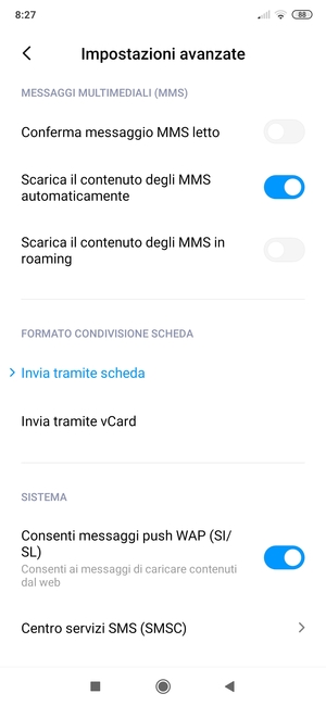 Seleziona Centro servizi SMS (SMSC)