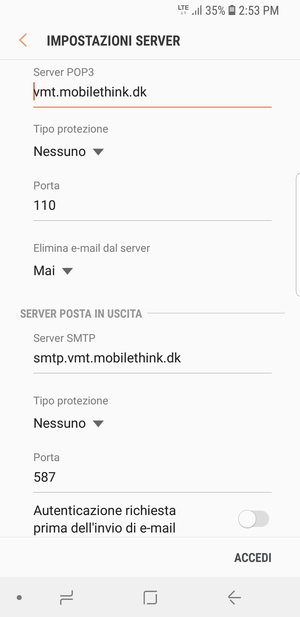 Disattiva Autenticazione richiesta prima dell'invio di e-mail  e seleziona ACCEDI