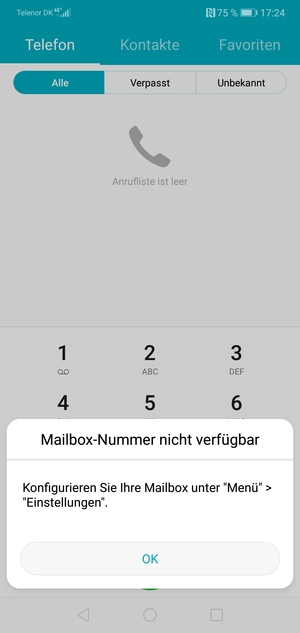 Falls Ihre Voicemail nicht eingerichtet ist, wählen Sie OK