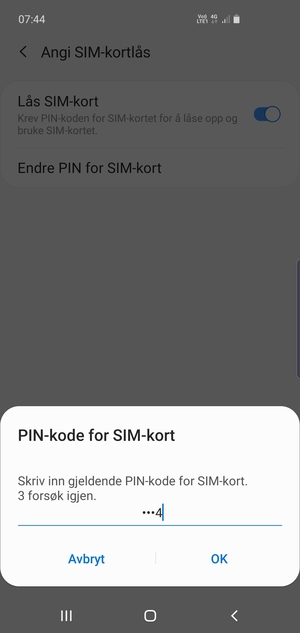 Skriv inn Gjeldende PIN-kode for SIM-kort og velg OK