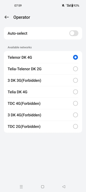 Select a network operator from the list