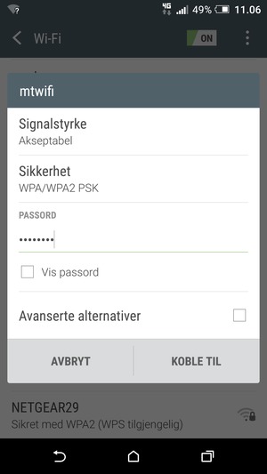 Skriv inn Wi-Fi-passord og velg KOBLE TIL