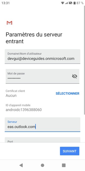Saisissez votre Nom d'utilisateur et l'adresse du serveur Exchange. Sélectionnez SUIVANT