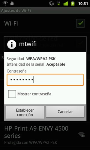 Introduzca la contraseña de Wi-Fi y seleccione Establecer conexion