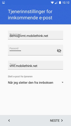 Skriv inn Brukernavn og innkommende serveradresse. Velg NESTE