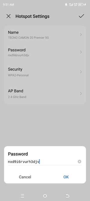 Enter a Wi-Fi hotspot password of at least 8 characters and select OK