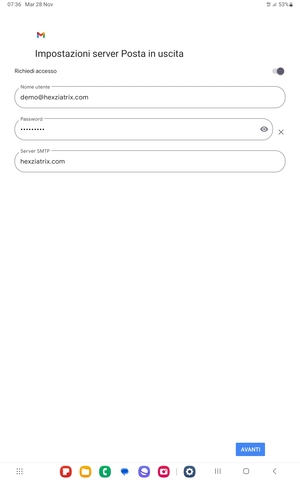 Inserisci l'indirizzo del server di posta in uscita e seleziona AVANTI