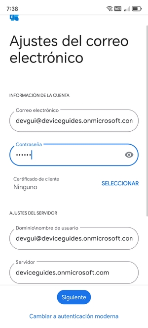 Introduzca Nombre de usuario y la dirección de servidor Exchange. Seleccione Siguiente