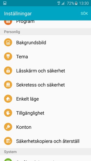 Scrolla till och välj Säkerhet / Låsskärm och säkerhet