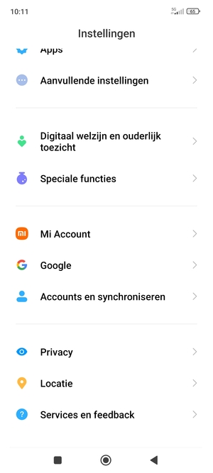 Scroll naar en selecteer Accounts en synchroniseren