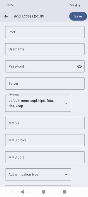 Scroll to and select APN type