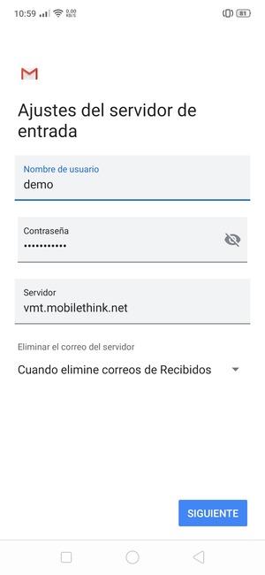 Introduzca Nombre de usuario y la dirección de servidor entrante. Seleccione SIGUIENTE
