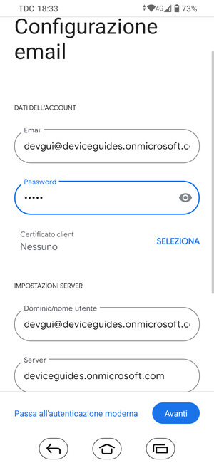 Inserisci Nome utente e l'indirizzo del server Exchange. Seleziona Avanti