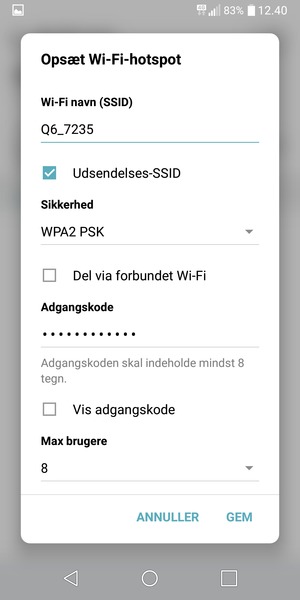 Indtast en adgangskode på minimum 8 tegn og vælg GEM