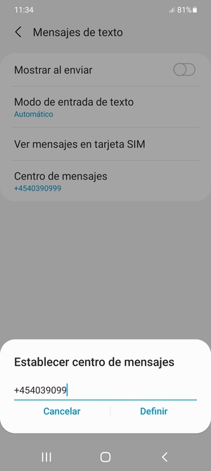 Introduzca el número de Centro de mensajes y seleccione Definir
