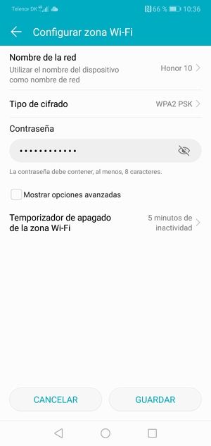 Introduzca una contraseña de punto de acceso Wi-Fi de al menos 8 caracteres y seleccione GUARDAR