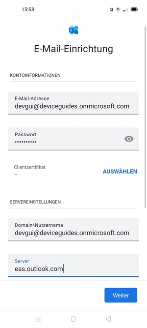 Geben Sie Benutzername und Exchange Server-Adresse ein. Wählen Sie Weiter