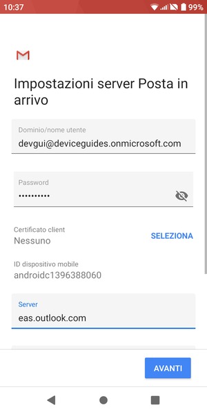 Inserisci Nome utente e l'indirizzo del server Exchange. Seleziona AVANTI