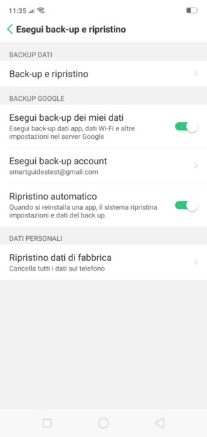 Seleziona Esegui back-up account