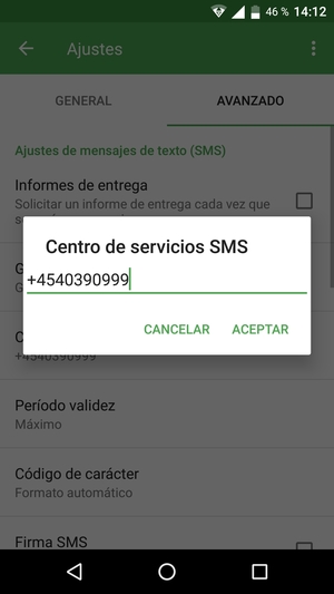 Introduzca el número de Centro de servicios SMS y seleccione ACEPTAR