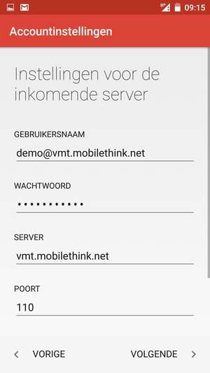 Voer Gebruikersnaam en binnenkomend serveradres in