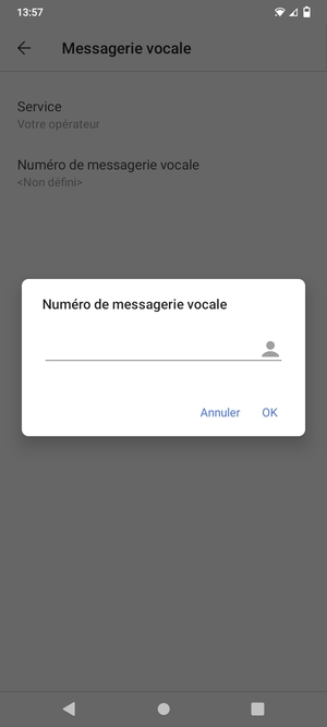 Saisissez le Numéro de messagerie vocale et sélectionnez OK