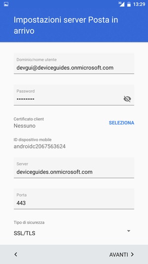 Inserisci Nome utente e l'indirizzo del server Exchange. Seleziona AVANTI