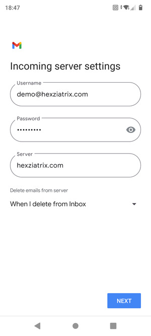 Enter Username and Incoming server address. Select NEXT