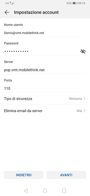 Inserisci Nome utente e l'indirizzo del server di posta in arrivo. Seleziona AVANTI