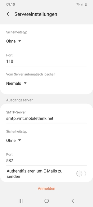 Schalten Sie Authentifizieren um E-Mails zu senden aus und wählen Sie Anmelden
