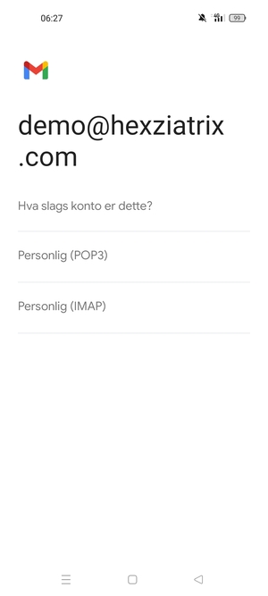 Velg Personlig (POP3) eller Personlig (IMAP)