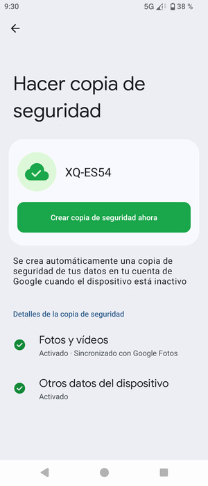 Seleccione Crear copia de seguridad ahora