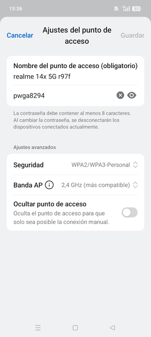 Introduzca una contraseña de punto de acceso Wi-Fi de al menos 8 caracteres y seleccione Guardar