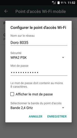 Saisissez un mot de passe de hotspot Wi-Fi d'au moins 8 caractères et sélectionnez ENREGISTRER