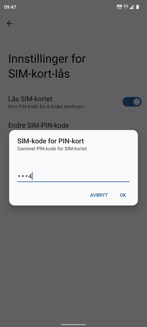 Skriv inn en Gammel PIN-kode for SIM-kort og velg OK
